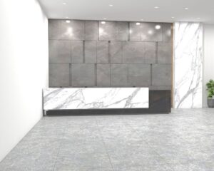 3D rendering of a reception area with a marble wall in a city setting.